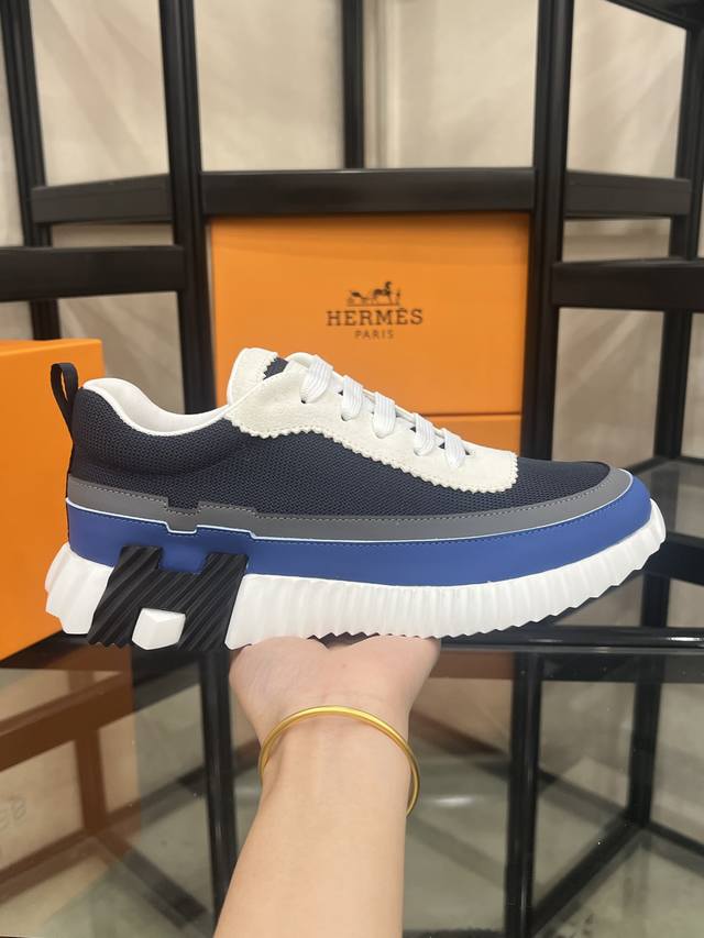 herme* Hermes Bouncing Sneakers Men's Casual Sports Shoes Upper Cowhide Stitc