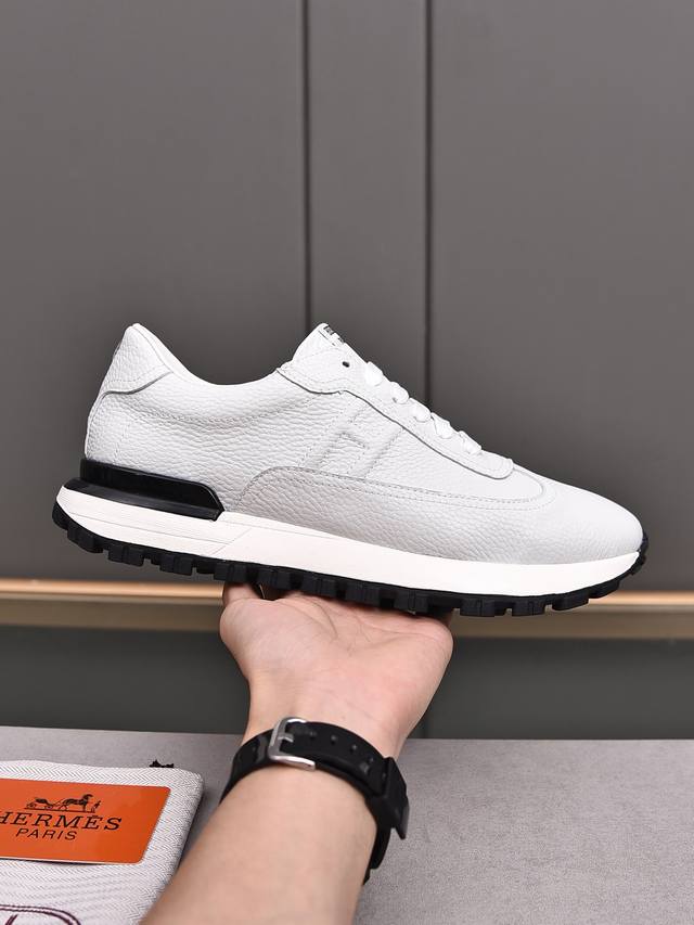 Hermes Men's Color Matching Sneakers Textured Calfskin Details With Original Cow