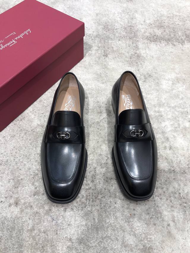 Ferragamo Men's Boutique Leather Shoes Upper Imported Cowhide Open Edge Beads Ex
