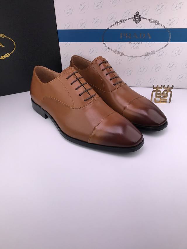 prad* Calfskin Wooden Heel European Version Formal Leather Shoes Grain Calfsk