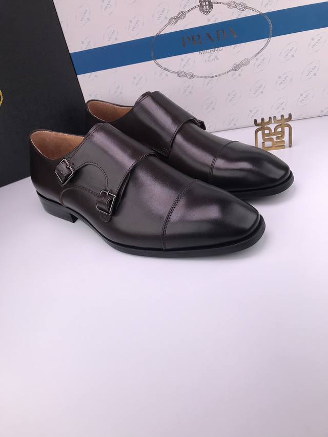 prad* Calfskin Wooden Heel European Version Formal Leather Shoes Grain Calfsk