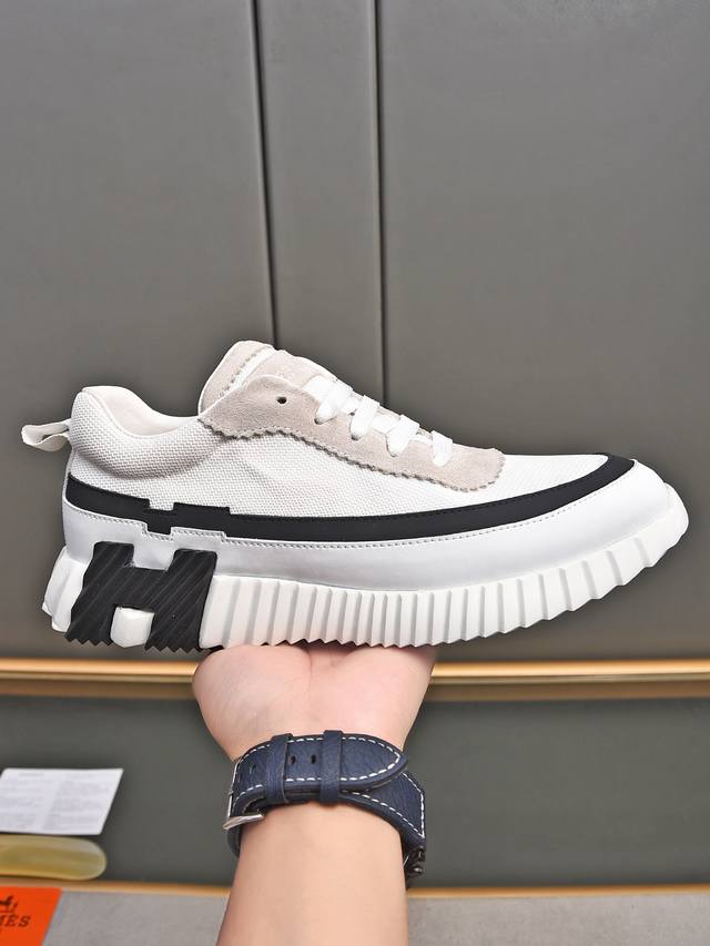 herme* Hermes Bouncing Sneakers Men's Casual Sports Shoes Upper Cowhide Stitc