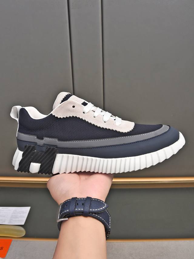 herme* Hermes Bouncing Sneakers Men's Casual Sports Shoes Upper Cowhide Stitc