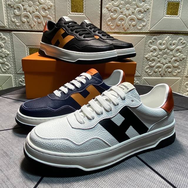 pp Hermes Men's Colorblock Casual Shoes Textured Calfskin Details With Origin