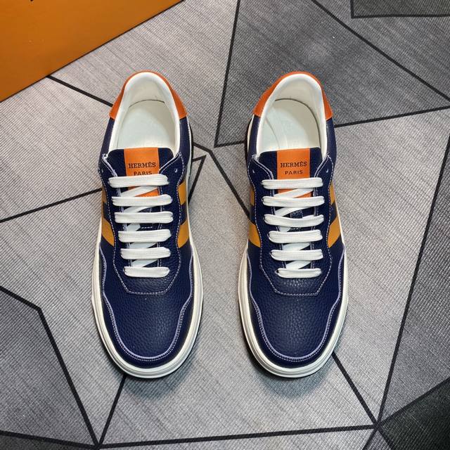 pp Hermes Men's Colorblock Casual Shoes Textured Calfskin Details With Origin