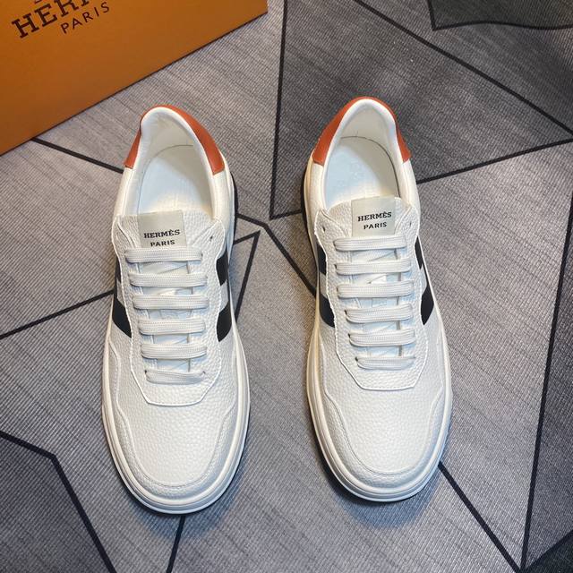 pp Hermes Men's Colorblock Casual Shoes Textured Calfskin Details With Origin