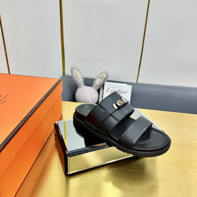 Factory Price Pp Men's 40 Classic Hermes Second Uncle Sandals Fabric Cowhide Siz