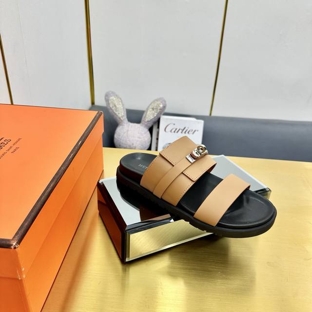 Factory Price Pp Men's 40 Classic Hermes Second Uncle Sandals Fabric Cowhide Siz