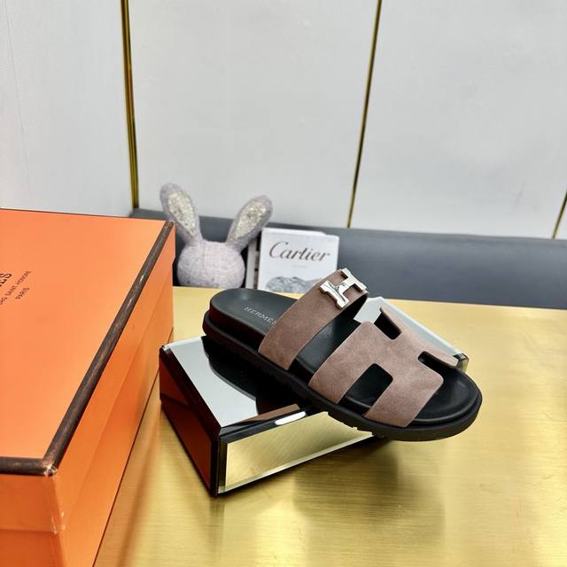 Factory Price Pp Men's 40 Classic Hermes Second Uncle Sandals Fabric Cowhide Siz