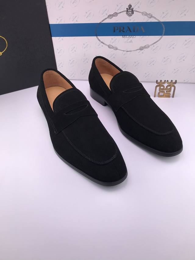 prad* Cow Suede Wooden Heel European Version Formal Leather Shoes Suede Cowhi