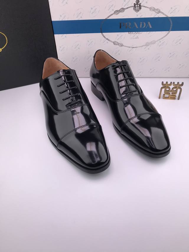 prad* Polished Leather Wooden Heel European Version Formal Leather Shoes Impo