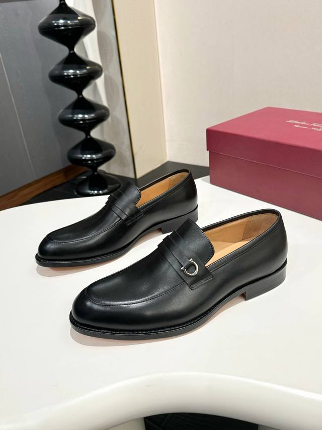 ferragamo Ferragamo Classic Men's Business Leather Shoes Imported Black Calfs
