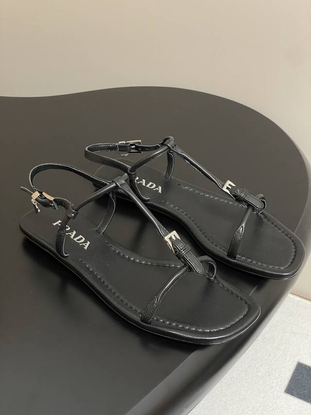 With Airplane Box 25Ss New Summer Prada Minimalist One-Strap Flat Sandals, Flip-