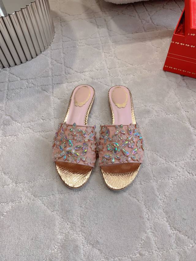 Factory Price P Ren* Caovill* Heavy Industry Butterfly Crystal Flat Slippers Bli