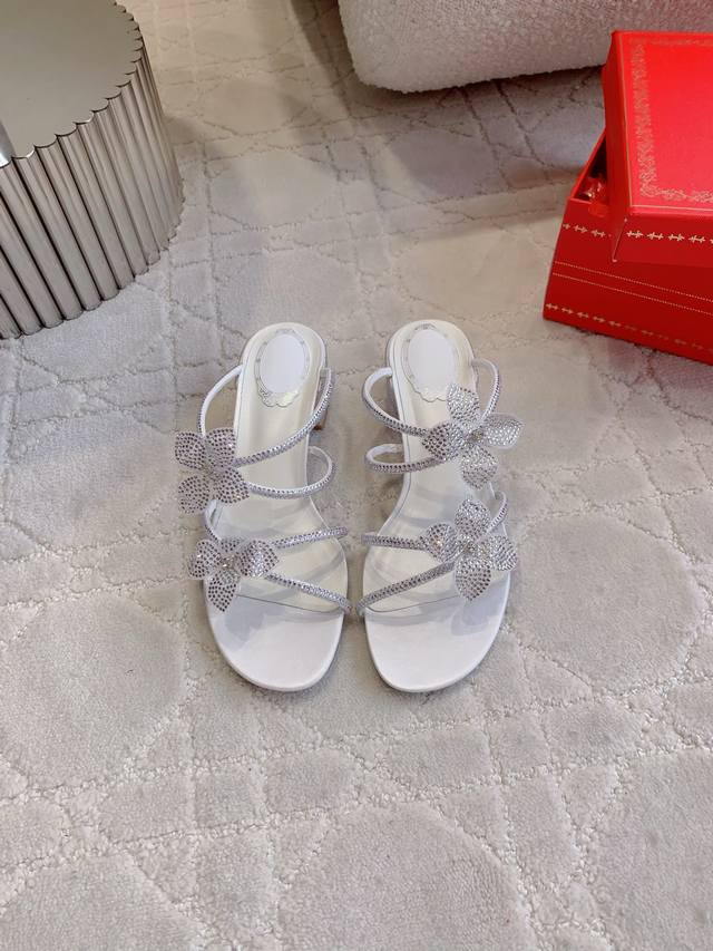 Factory Price P Ren* Caovill* New Rhinestone Flower Thick-Heeled Sandals. The Rh