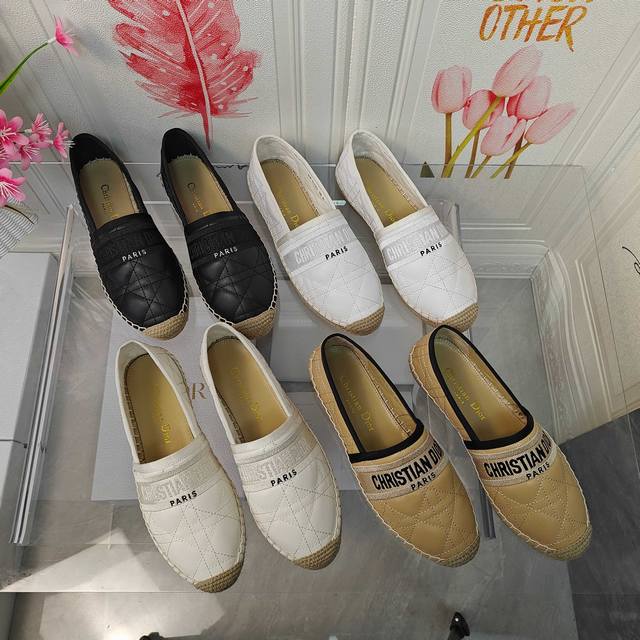 Rush Price: Dior Granville Straw Shoes Black Embroidery Top Upper With Christian