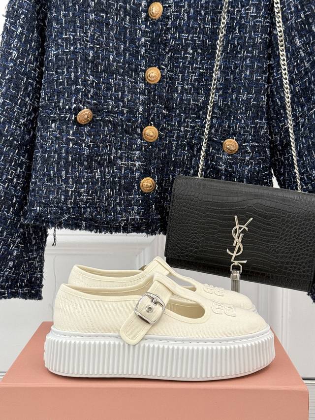 Factory Price Miu Miu 25S New Retro Thick-Soled T-Strap Canvas Shoes Miu Miu Is