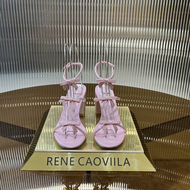 Top Version R Cs Rc Classic Bow-Knot Thick High-Heeled Sandals. Colorful Crystal
