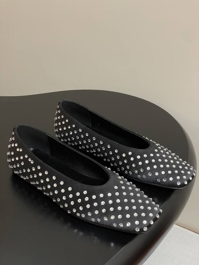 2025 Early Spring New Magda Butrym Square Toe Rhinestone Satin Ballet Flats A