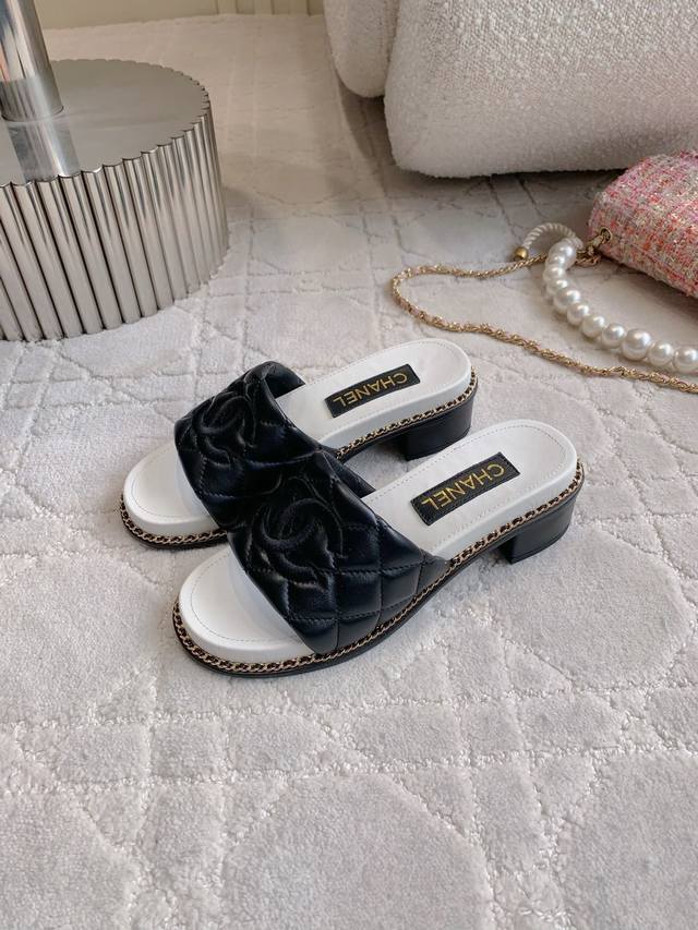 Factory Price P Chane* New Embroidered Logo Diamond-Shaped Thick-Heeled Slippers