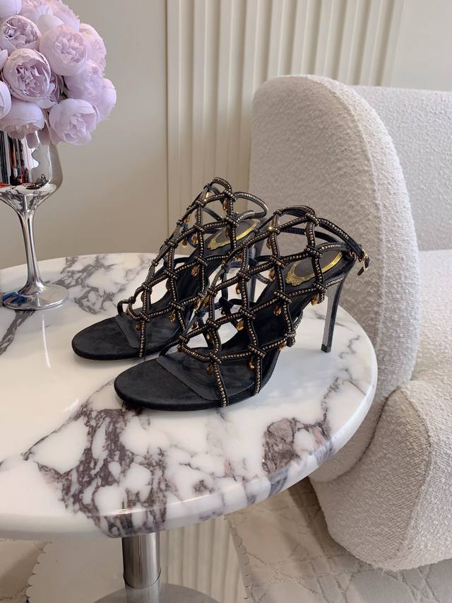 Factory Price P Ren* Caovill* New Rhinestone Pendant High-Heeled Sandals Bling B