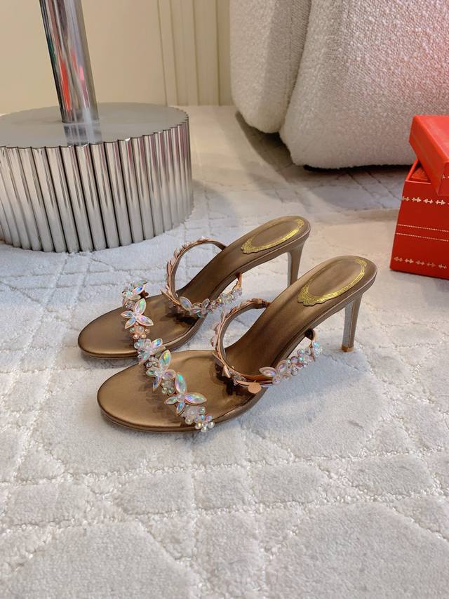 Slippers Sandals Ren* Caovill* Heavy Industry Butterfly Crystal Series High Heel