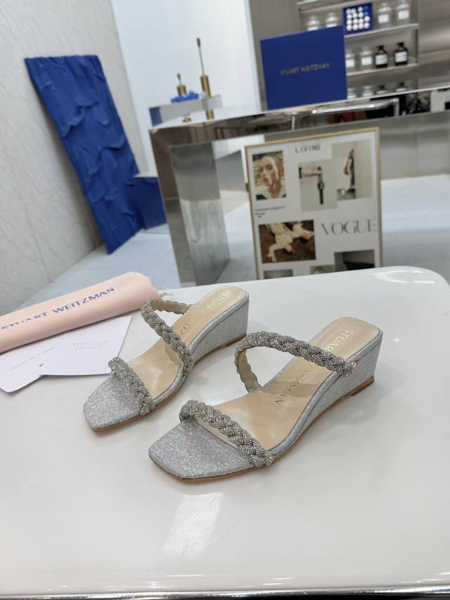 sw 2025 New Crystal Double Strap Diamond Sandals Wedge Sandals Three Colors O