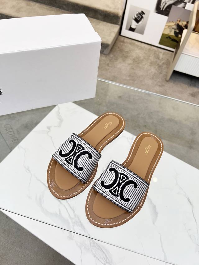 celine Celine 2025 Spring And Summer New Slippers Upper Uses Original Embroid