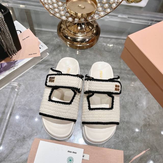 miu Miu Two-Strap Velcro Woven Thick-Soled Flat Slippersmiumiu Miu Miu New Sp