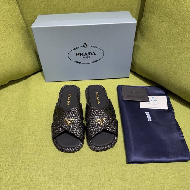 25Ss New Spring And Summer Prada Prada Beautiful Raffia Grass Shoes Triangle