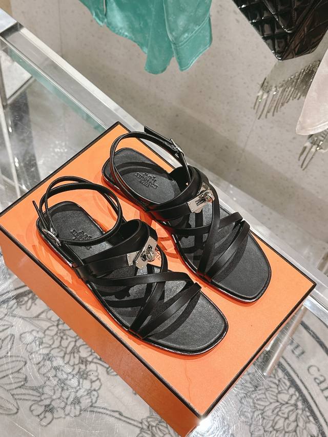 Top Edition June Sandal Series H Kelly Buckle Thin Strap Roman Sandals Calfskin