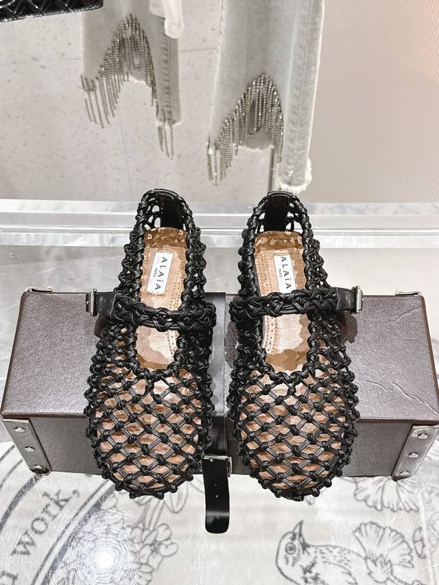 Alaia New Retro Hand-Woven Mesh Cowhide Mary Jane Shoes Ballet Shoes Full Of Gir