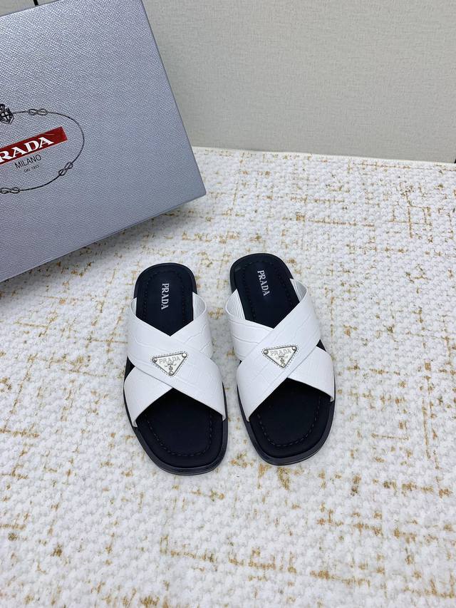 Factory High Version Prada P Triangle Logo Cross-Strap Flat Sandals This Cross-S
