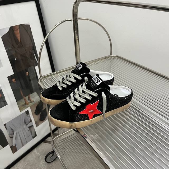 Long-Term Production. Order Inquiry Black Sequins Red Star Half-Slippers Couple