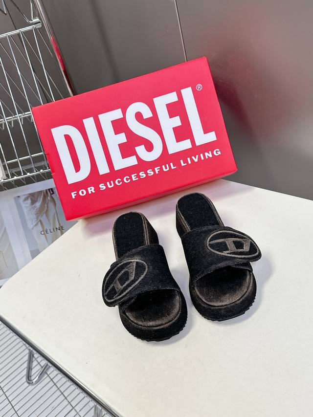 diesel2025 Spring And Summer Latest Washed Denim Thick-Soled Slippers Many In
