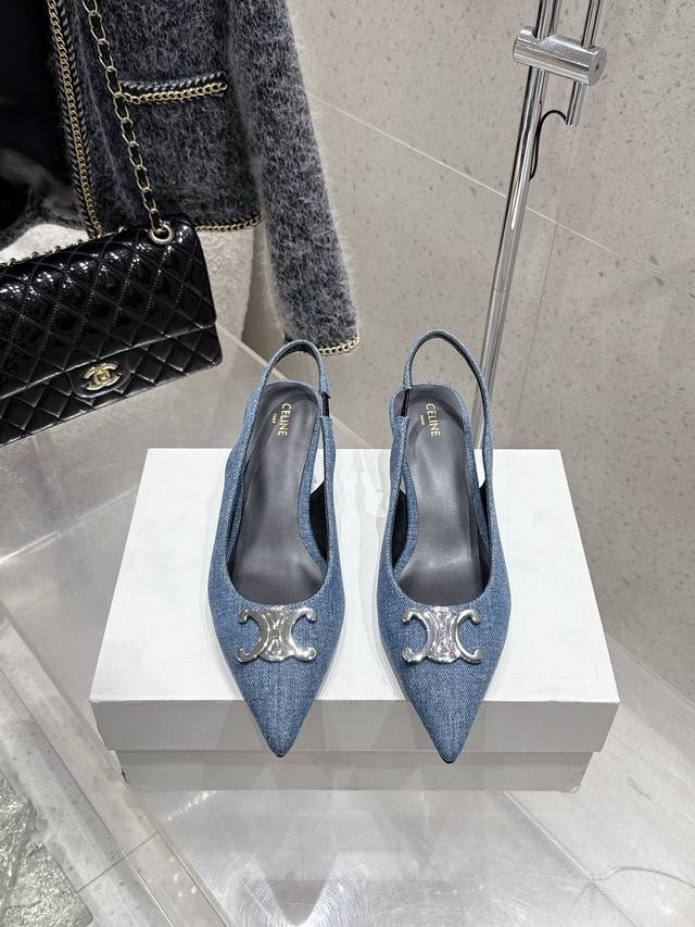Factory Celine 25 New Color New Arc De Triomphe Kitten Heel Pointed Back Sandals
