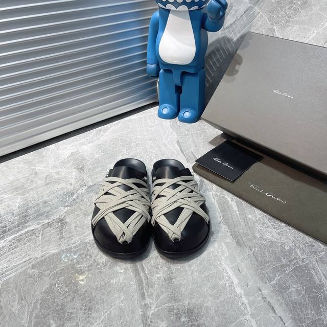Straps Rickowens Owens Crazy Straps Couple Slippers Suede Black Annual Shoe King