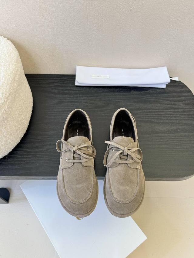 the Row New Neutral Retro Simple Loafers Lace-Up Shoes Square Toe Design Ensu