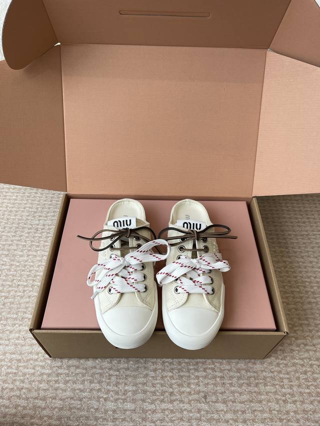 miumi* 25Ss Retro Biscuit Shoes Casual Canvas Shoes Double Laces Cloth Shoes