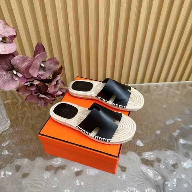 Purchasing Level* Hermes 25 Men's Shoes New H-Type Antigua Straw Slippers Series