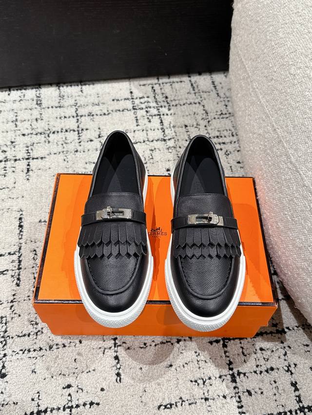 Couple's Top Version Hermes 25 H Game Kelly Buckle Thick-Soled Loafers Calfskin
