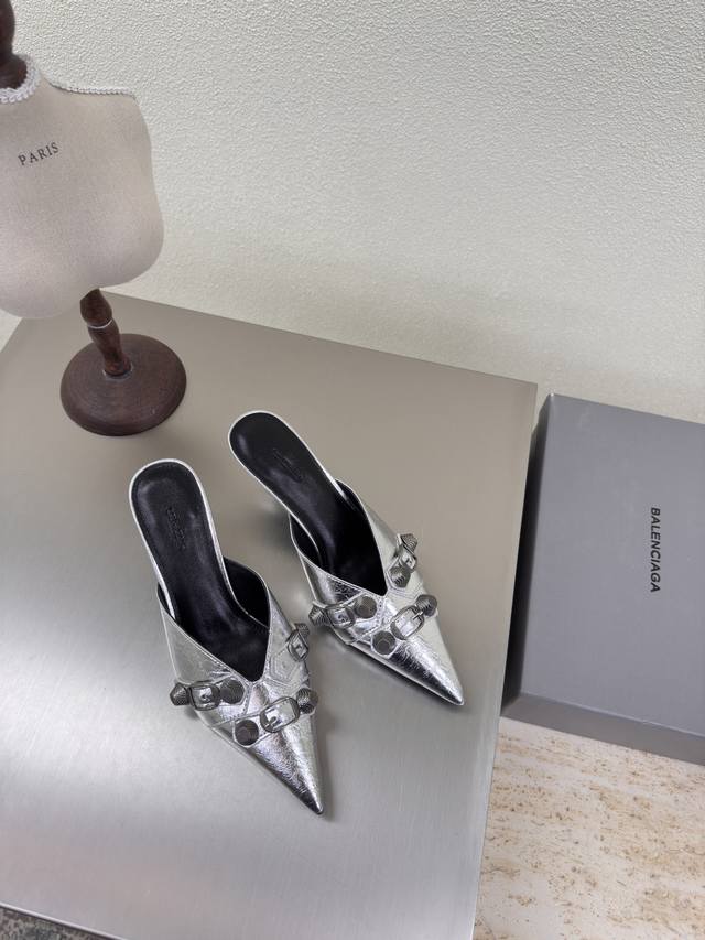 balenciag Mid-Heel Rivet Pointed Slippers Silver Fabric Butter Leather Lambsk