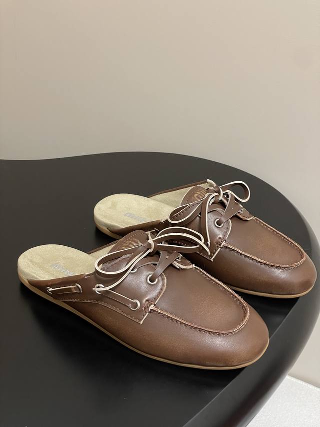 25Ss Early Spring New Miumiu Miu Miu British Style Lace-Up Mule Half Slippers