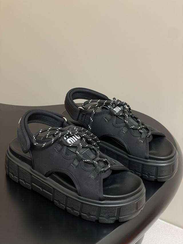 miu Miu 2025 Summer New Platform Thick-Soled Lace-Up Sandals, Drawstring Wate