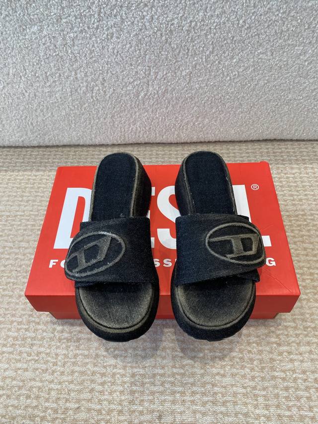 diesel 25Ss The Latest Spring And Summer Washed Denim Thick-Soled Slippers Ma