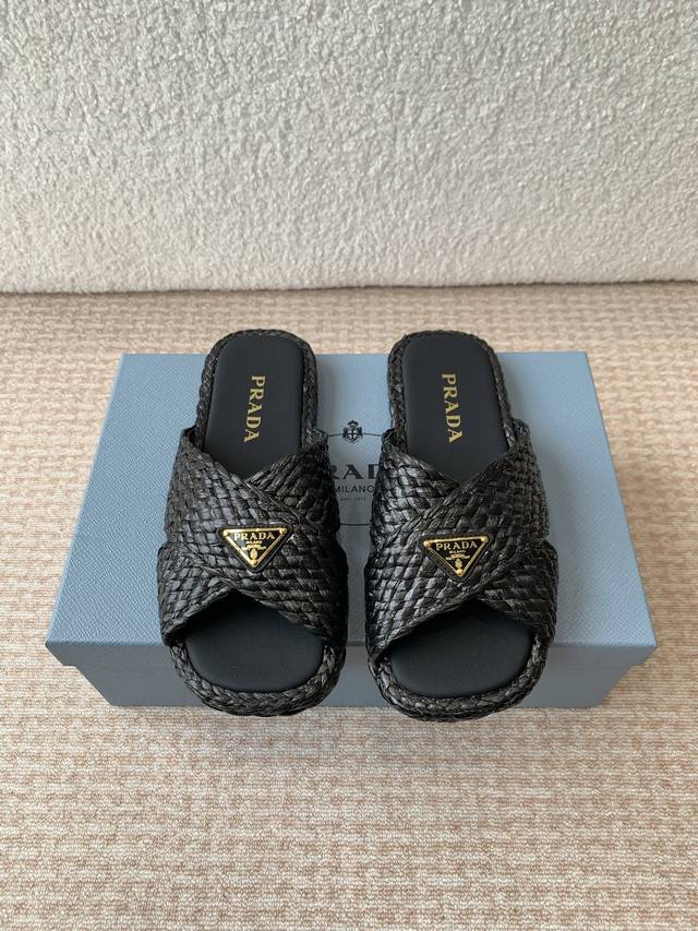 Spring And Summer New 25Ssprada Prada Beautiful Raffia Shoes Triangle Label Retr