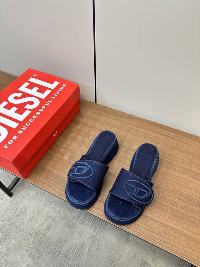 diesel2025 Spring And Summer Washed Denim Thick-Soled Slippers This Season Su