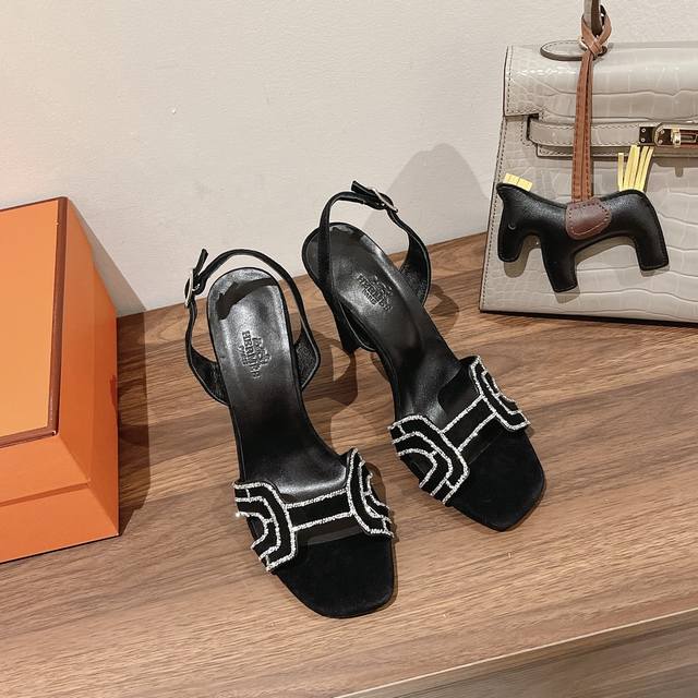 herme* Hermes Early Spring Counter New High-Heeled Sandals Series Upper Suede