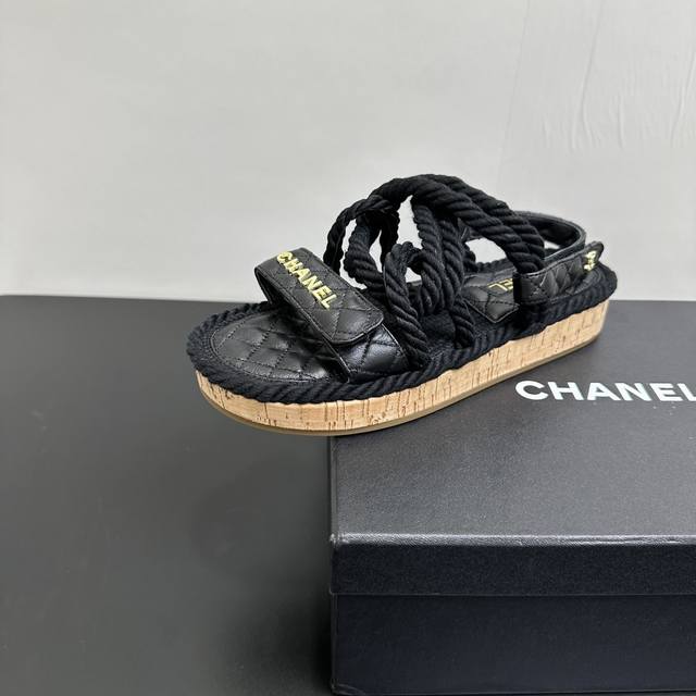 Sandals Chanel Braided Hemp Rope Cork Bottom Colorful Candy Color Sandals Classi