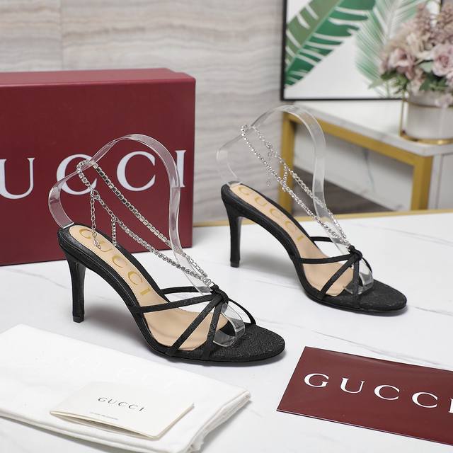 gucci Gucci 2025 Summer New Products Stiletto Crystal Chain Sandals High Heel